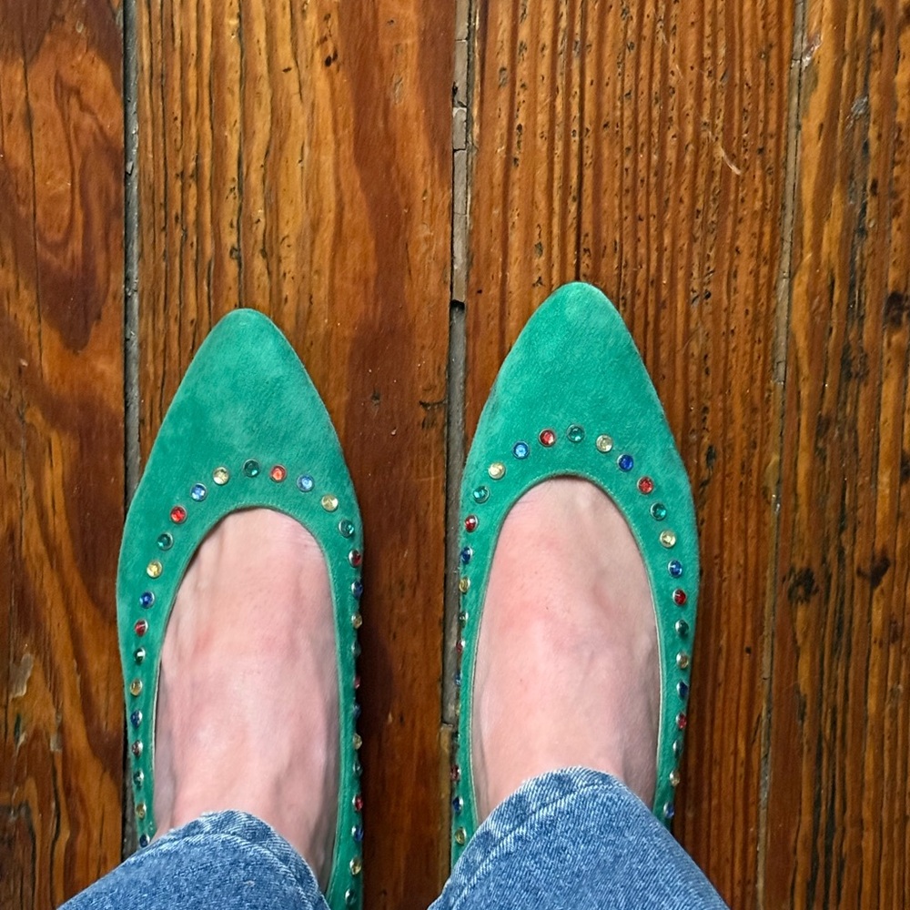 Vintage Escada green suede heels w gems